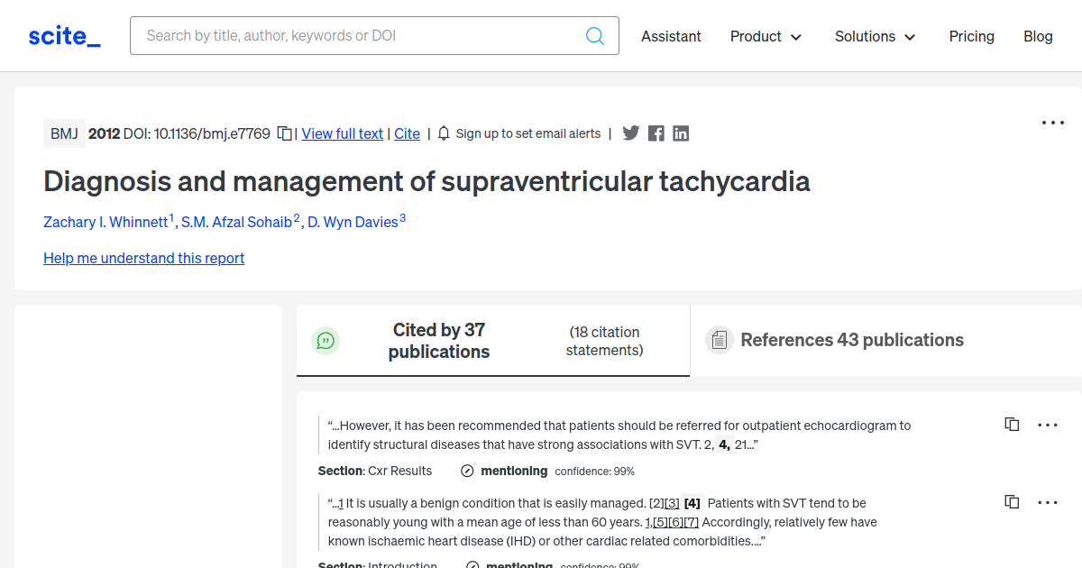 Diagnosis And Management Of Supraventricular Tachycardia - [scite Report]