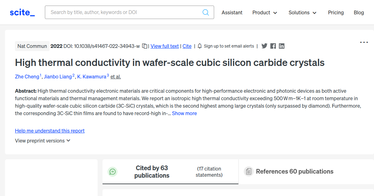 High Thermal Conductivity In Wafer Scale Cubic Silicon Carbide Crystals