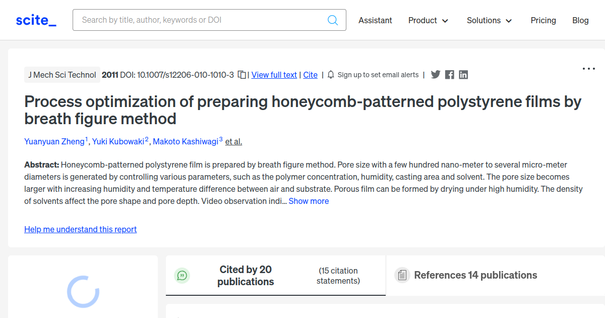 [citation Report] Process Optimization Of Preparing Honeycomb-patterned 