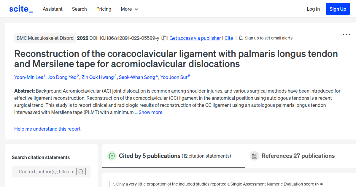 Reconstruction of the coracoclavicular ligament with palmaris longus