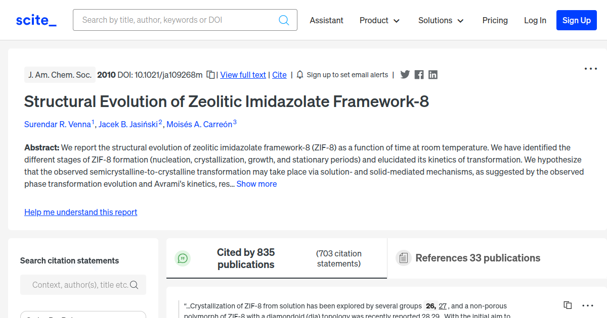 Structural Evolution of Zeolitic Imidazolate Framework 8 scite report 