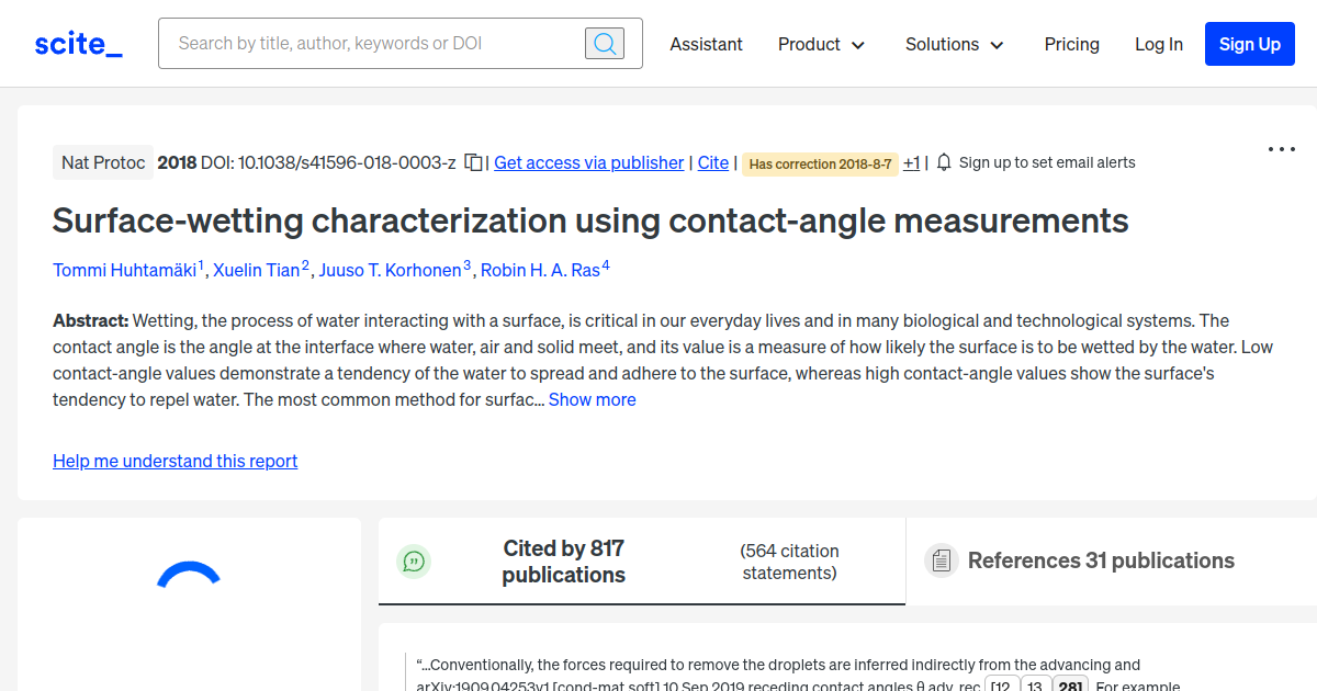 Surfacewetting characterization using contactangle measurements
