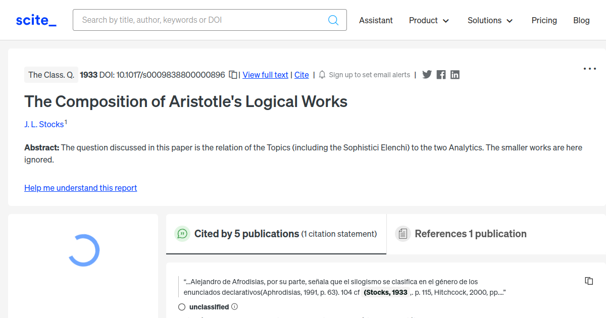 The Composition Of Aristotle's Logical Works - [scite Report]