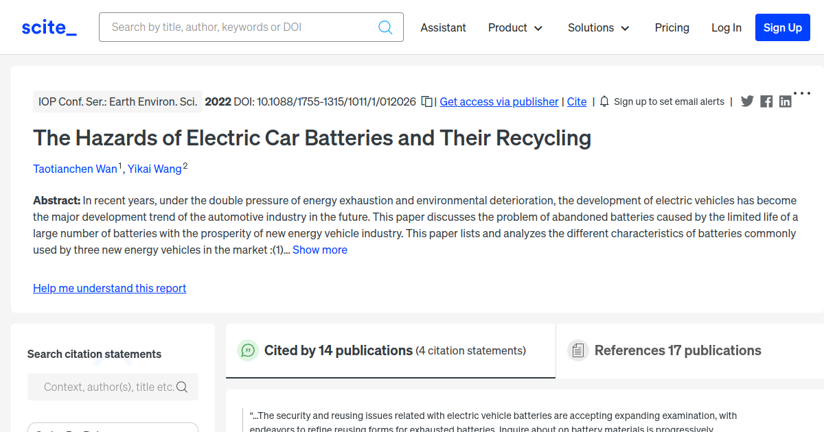 The Hazards of Electric Car Batteries and Their Recycling [scite report]