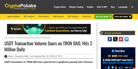 Read the full Article:  ⭲ USDT Transaction Volume Soars on TRON DAO, Hits 2 Million Daily