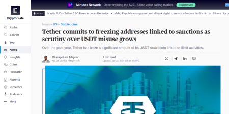 Read the full Article:  ⭲ Tether commits to freezing addresses linked to sanctions as scrutiny over USDT misuse grows