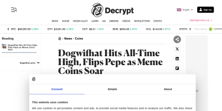 Read the full Article:  ⭲ Dogwifhat Hits All-Time High, Flips Pepe as Meme Coins Soar