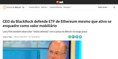 Read the full Article:  ⭲ CEO da BlackRock defende ETF de Ethereum mesmo que ativo se enquadre como valor mobiliário