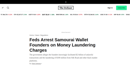 Read the full Article:  ⭲ Feds Arrest Samourai Wallet Founders on Money Laundering Charges