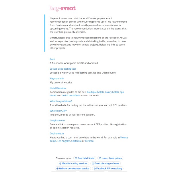 Hey Event homepage screenshot