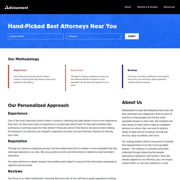 Advisement homepage screenshot