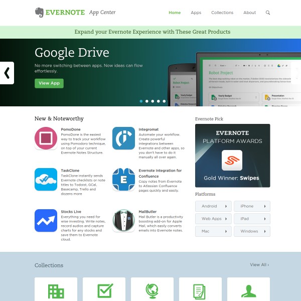 Evernote App Center homepage screenshot