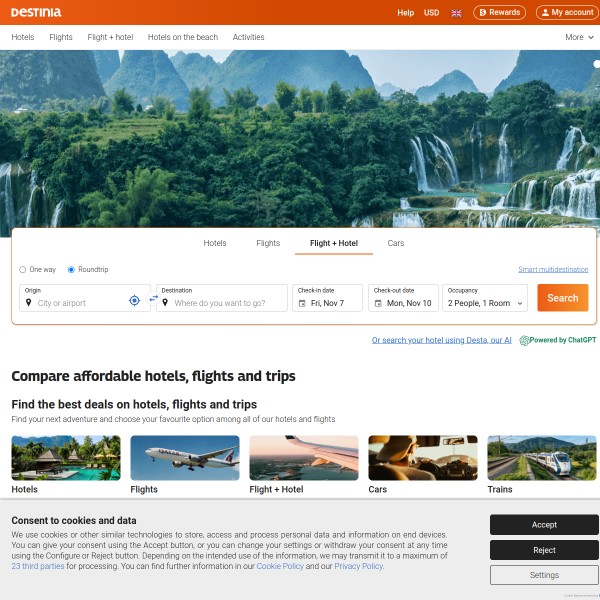 Destinia homepage screenshot