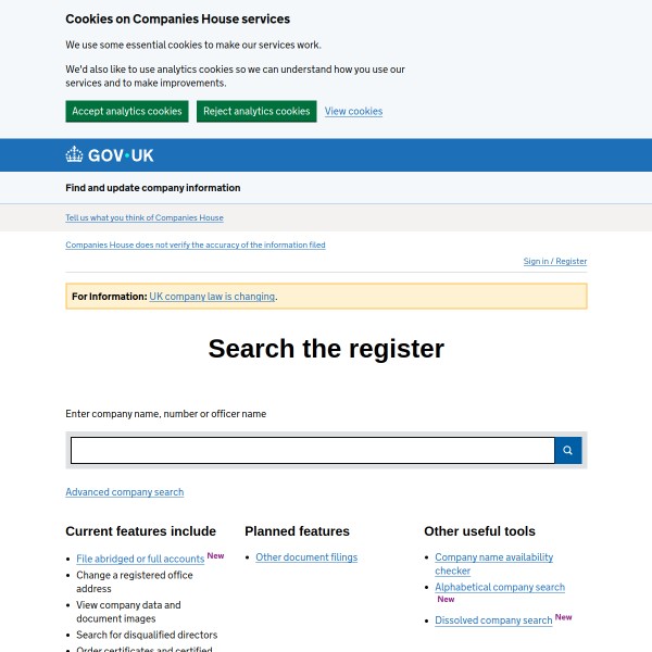 Gov.uk Companies House homepage screenshot