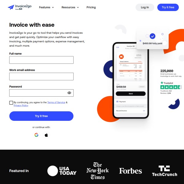 Invoice 2 Go homepage screenshot