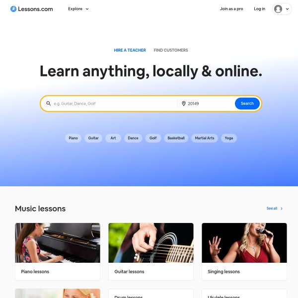 Lessons.com homepage screenshot