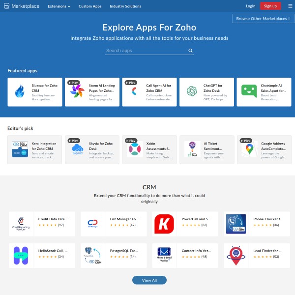 Zoho Marketplace homepage screenshot