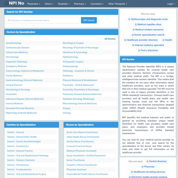 NPI No homepage screenshot