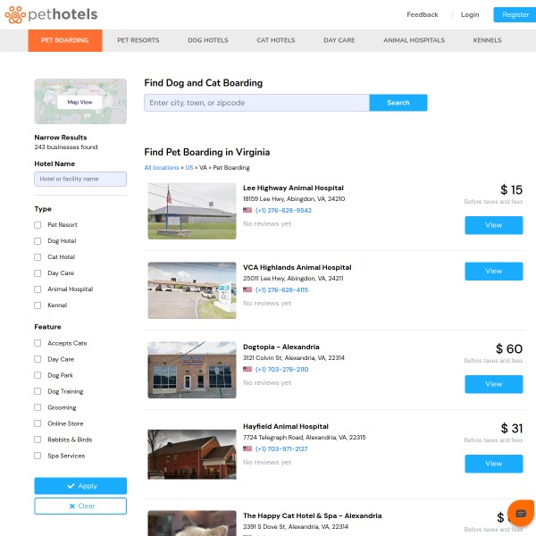 PetHotels homepage screenshot