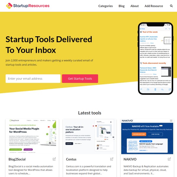 Startup Resources homepage screenshot