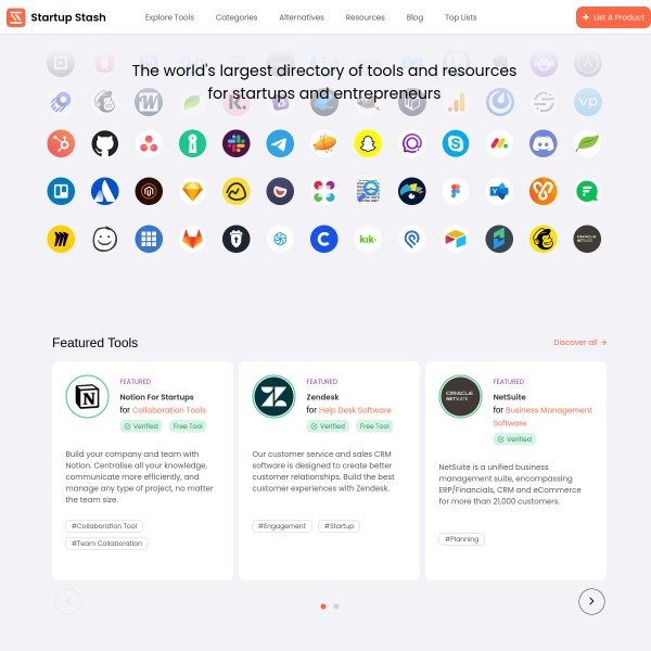 Startup Stash homepage screenshot