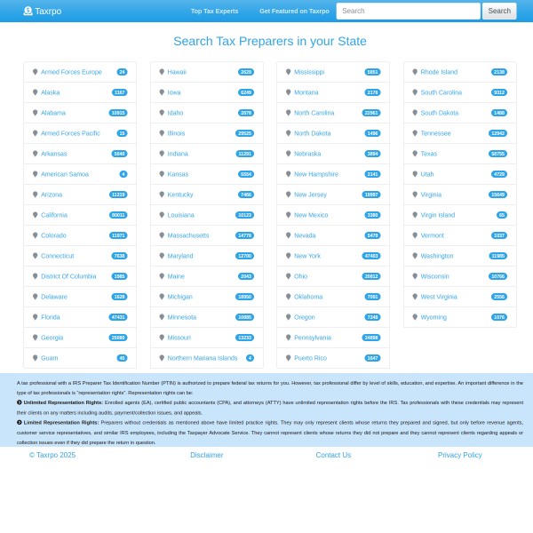 Taxrpro homepage screenshot