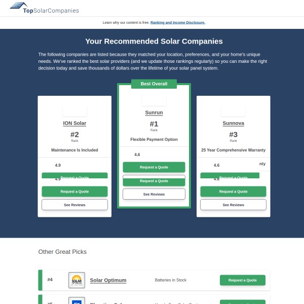 TopSolarCompanies homepage screenshot