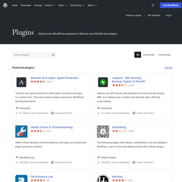 Wordpress Plugins homepage screenshot