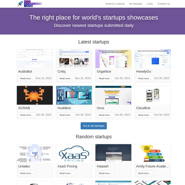 AllStartupsInfo homepage screenshot