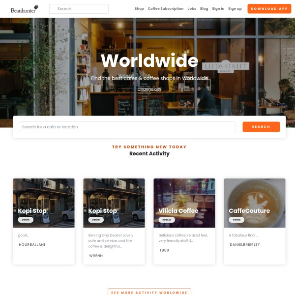 Beanhunter homepage screenshot