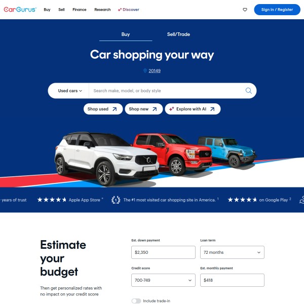 CarGurus homepage screenshot