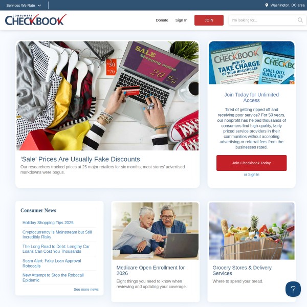 Consumers Checkbook homepage screenshot