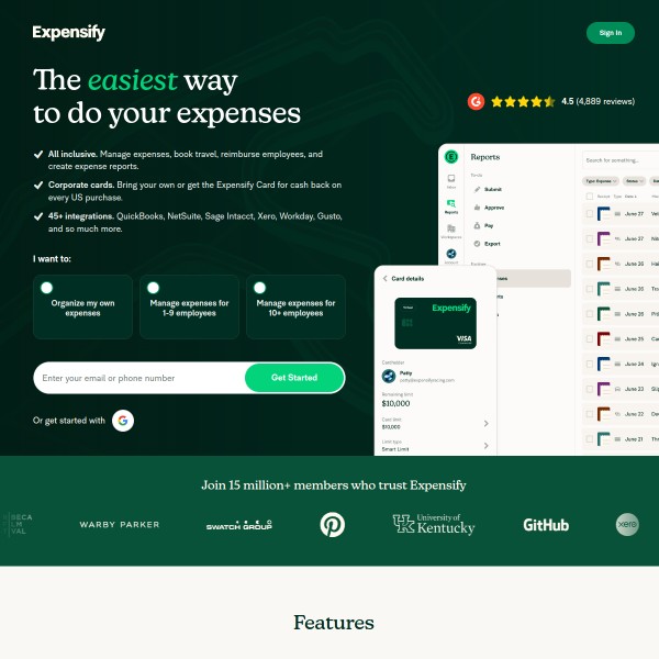 Expensify homepage screenshot
