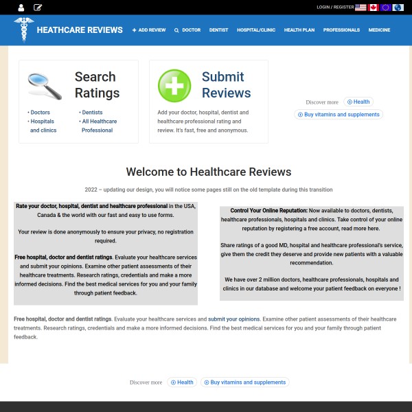 HealthcareReviews homepage screenshot
