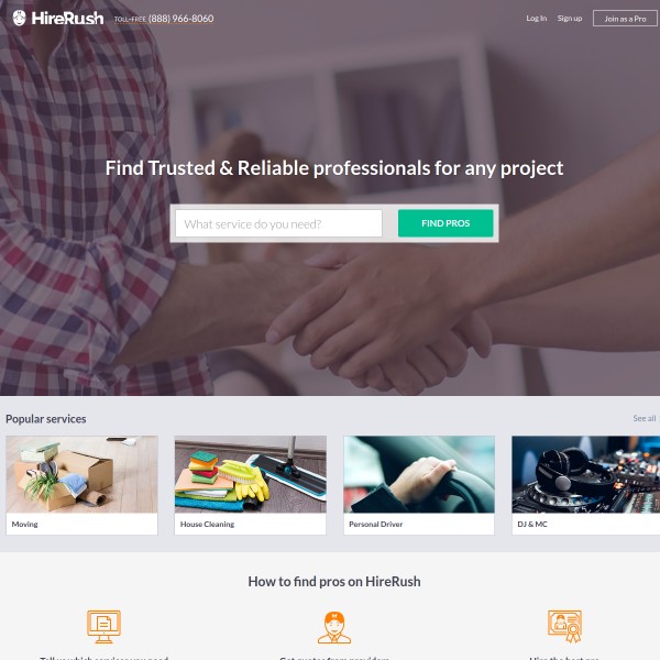 Hirerush homepage screenshot