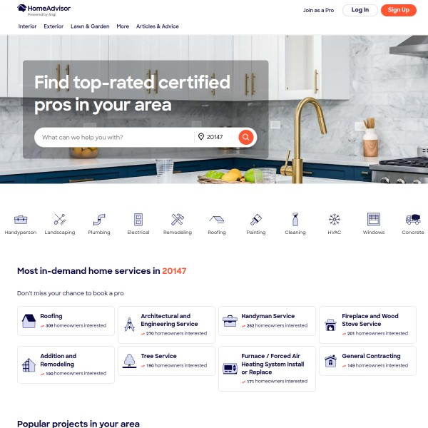 HomeAdvisor homepage screenshot