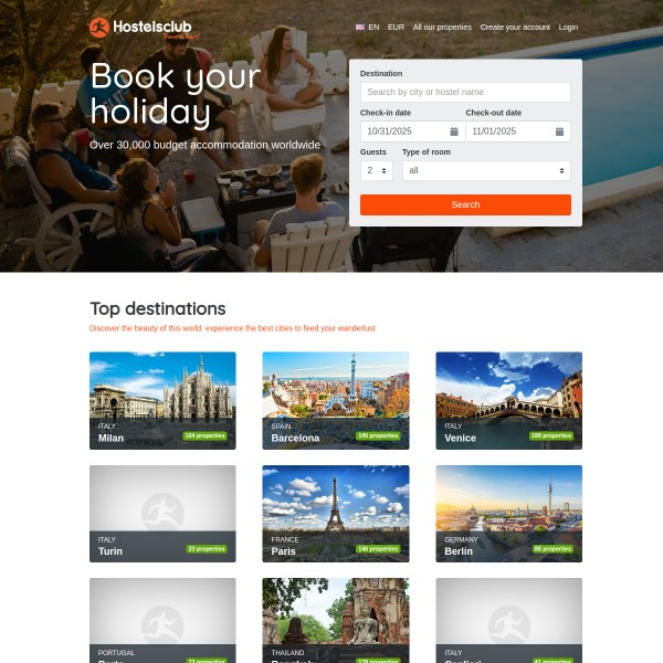HostelsClub homepage screenshot