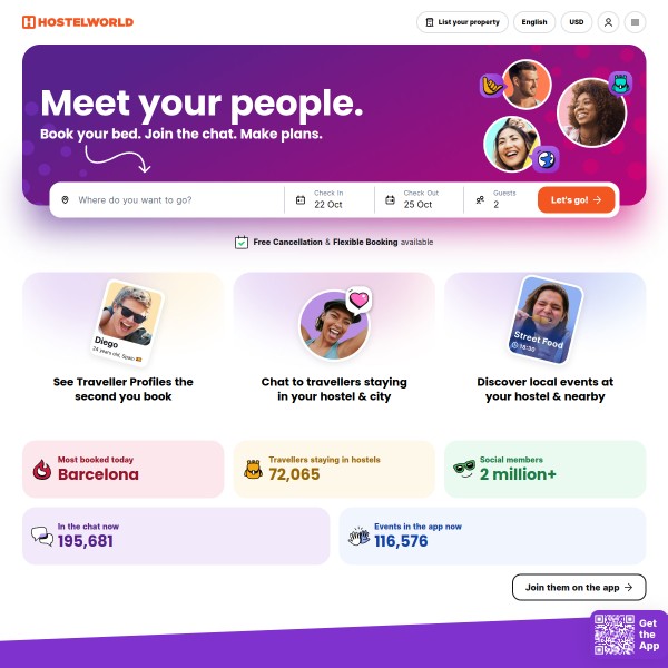 Hostelworld homepage screenshot