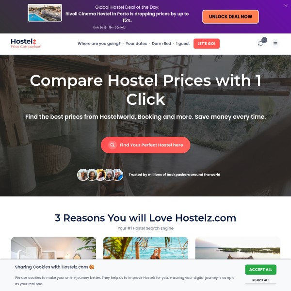 Hostelz homepage screenshot
