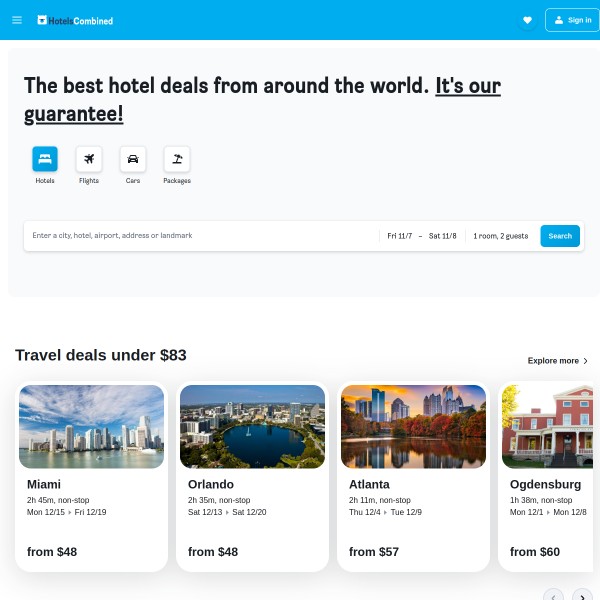 HotelsCombined homepage screenshot