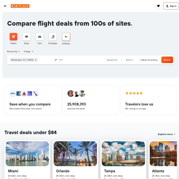Kayak homepage screenshot