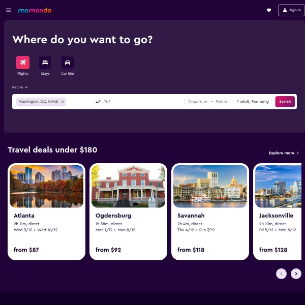 Momondo homepage screenshot