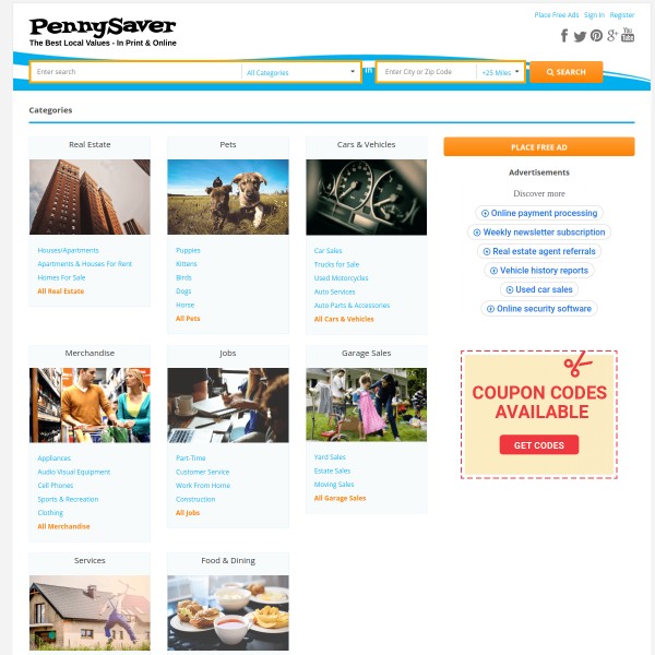 PennySaver homepage screenshot