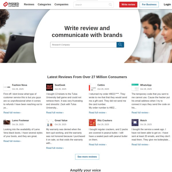 Pissed Consumer homepage screenshot