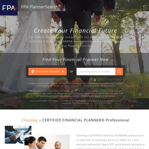 FPA PlannerSearch
 homepage screenshot