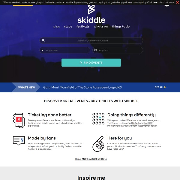 Skiddle homepage screenshot