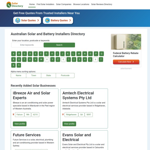 Solar Directory homepage screenshot