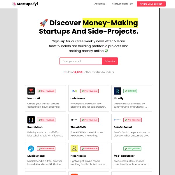 startups.fyi homepage screenshot