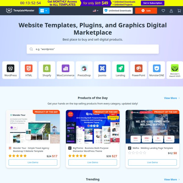 Template Monster homepage screenshot