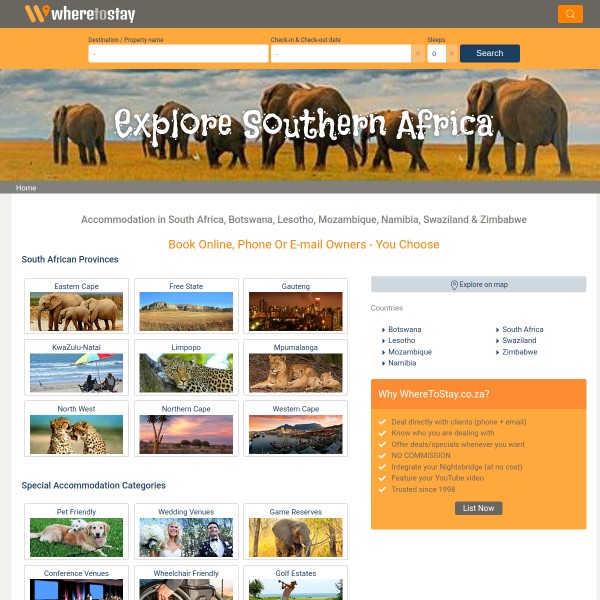 WhereToStay.co.za homepage screenshot